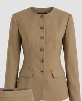 Tan Wool Blend Tailored Collarless Jacket