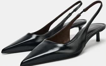 Black Leather Slingback Kitten Heel Shoes
