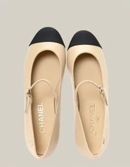 Beige And Black Leather And Fabric Chanel Mary Jane Ballet Flats